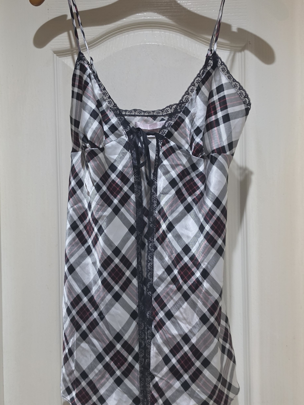 Victoria's Secret Black & White Plaid Satin Chemise with Lace Trim